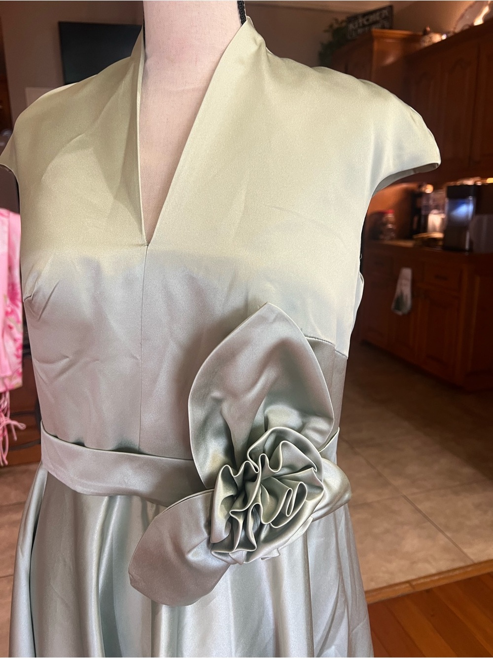 Sage Green Midi Dress with Rose Waist Detail - Picture 5 of 14